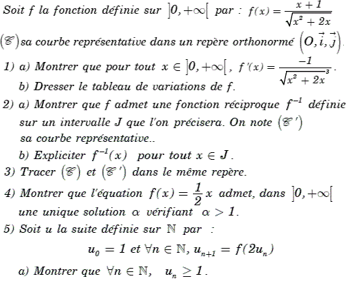 exercice Etude d'une fonction, fonction réciproque et suite (image1)