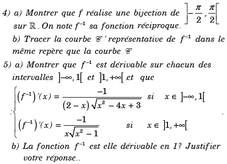 exercice Etude d'une fonction et fonction réciproque (image2)