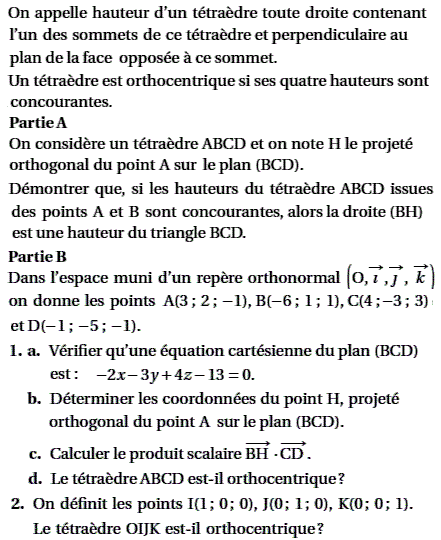 exercice La Réunion juin 2005 TS - Tétraèdre (image1)