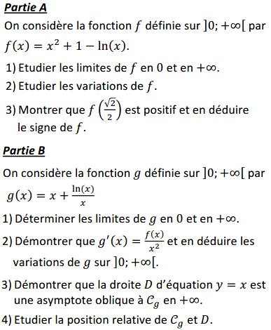 exercice Etude de fonction faisant intervenir la fonction ln (image1)