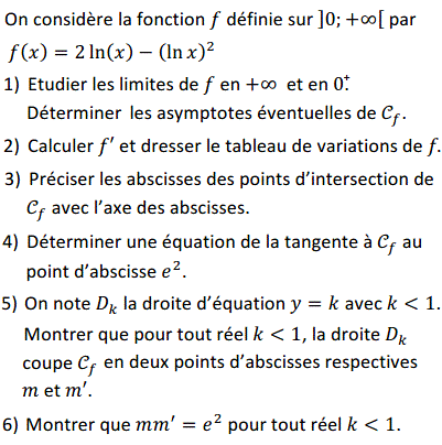 exercice Etude de fonction faisant intervenir la fonction ln (image1)