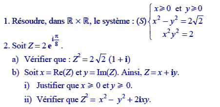 exercice Racines carrées d'un nombre complexe (image1)