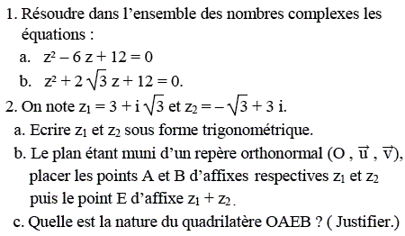 exercice Equation du second degré à coefficients complexes (image1)