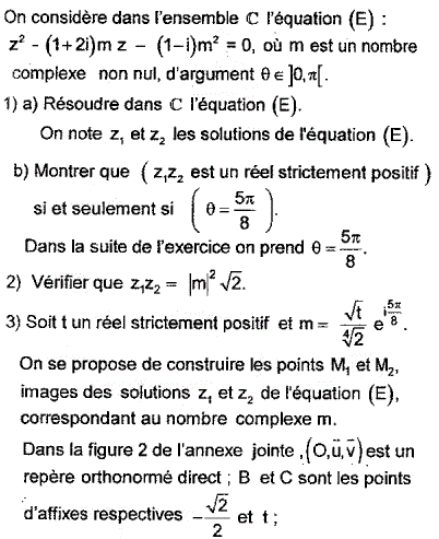 exercice Bac Tunisien 4ème Math session principale 2016 (Complexes) (image1)