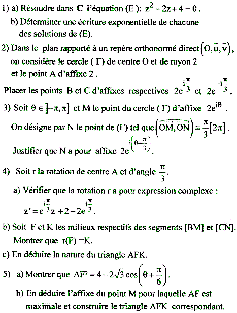 exercice Bac Tunisien 4ème Math session principale 2015 (Complexes) (image1)