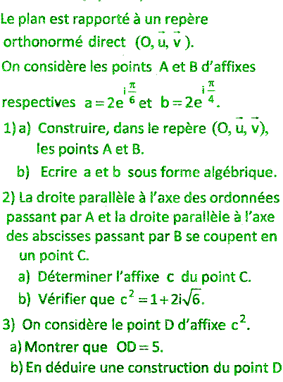 exercice Bac Tunisien 4ème Sc. Expérim session principale 2016 (Complexes) (image1)