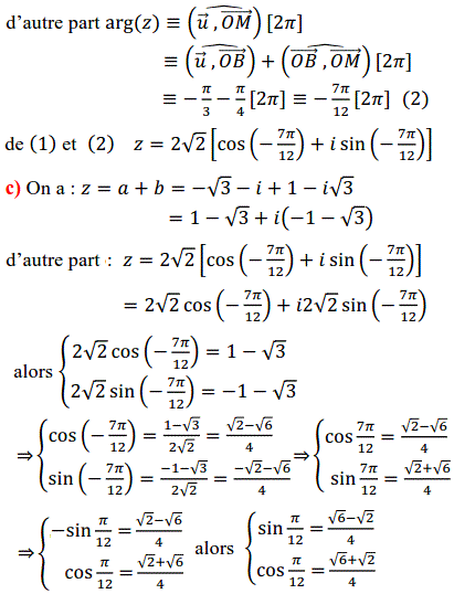 solution Forme trigonométrique et calcul de cosinus et sinu (image3)