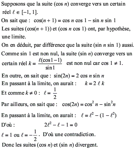 solution Divergence des suites cosn et sinn (image1)