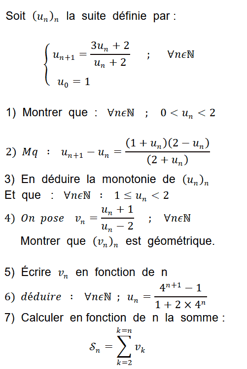 exercice Suite géométrique, monotonie, calcul d'une somme (image1)