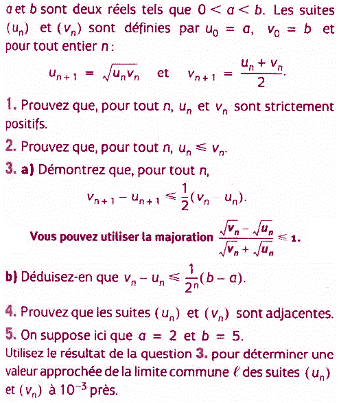 exercice Moyennes arithmétique et géométrique de deux suites (image1)